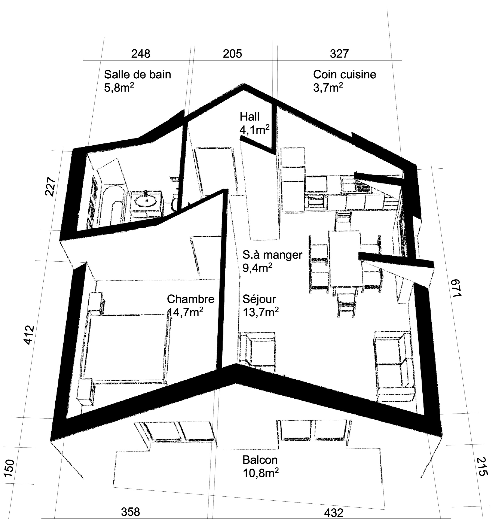 Plan de l'appartement de Morges : chambre 14,7 m², séjour 13,7 m², salle à manger 9,4 m², coin cuisine 3,7 m², salle de bain 5,8 m², hall 4,1 m², balcon 10,8 m²
