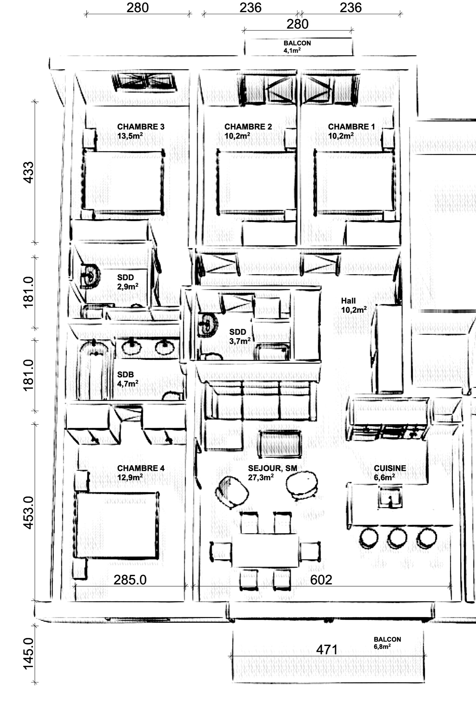 Plan de l'appartement de Versoix : quatre chambres, séjour et salle à manger 27,3 m², cuisine 6,6 m², hall 10,2 m², deux salles de douche, salle de bains, deux balcons